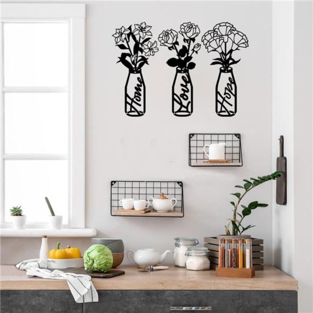 Kggetr 3 Pieces Black Metal Flowers Wall Art Decor-Metal Vase Wall Sculptures De